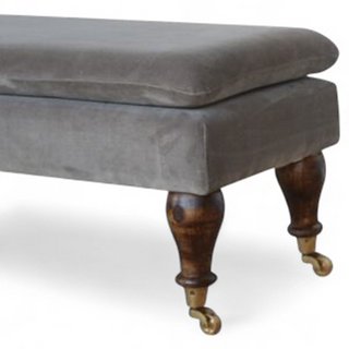 Rear angle view of Mid-Century Upholstered Bench | Grey Velvet with Castor Feet