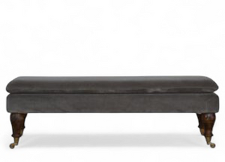 Front view of Mid-Century Upholstered Bench | Grey Velvet with Castor Feet