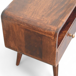 Mid-Century Walnut Solid Wood Media Stand Curved Design - doors open interior