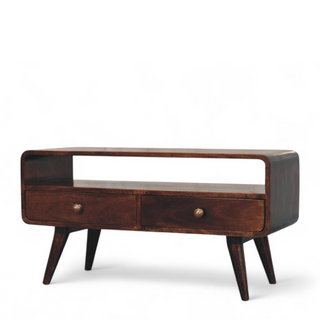 Mid-Century Walnut Solid Wood Media Stand Curved Design - lifestyle living room