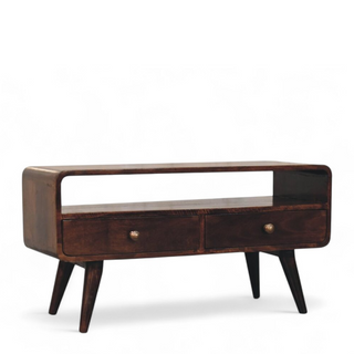 Mid-Century Walnut Solid Wood Media Stand Curved Design - door handle detail