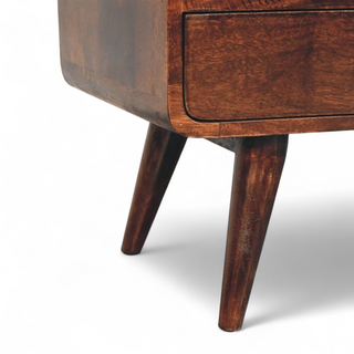 Mid-Century Walnut Solid Wood Media Stand Curved Design - drawer open detail