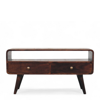 Mid-Century Walnut Solid Wood Media Stand Curved Design - front view