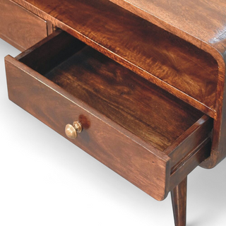 Mid-Century Walnut Solid Wood Media Stand Curved Design - side angle view
