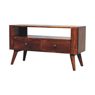 Side angle view of Mila Media Unit Chestnut Finish Twin Brass Knob Drawers Open Shelf