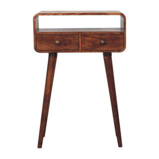 Side angle view of Mini Curved Honey Caramel Console Table, showing the tabletop, frame and furniture finish