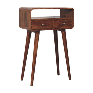 Side view of Mini Curved Honey Caramel Console Table, showing the tabletop, frame and furniture finish