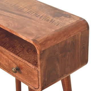 Finish detail view of Mini Curved Honey Caramel Console Table, showing the tabletop, frame and furniture finish