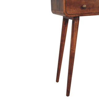 Top view of Mini Curved Honey Caramel Console Table, showing the tabletop, frame and furniture finish