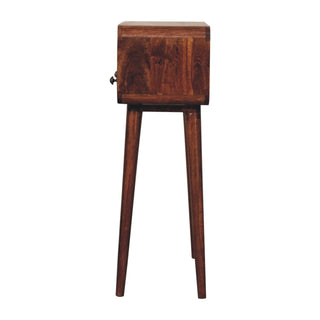 Back view of Mini Curved Honey Caramel Console Table, showing the tabletop, frame and furniture finish