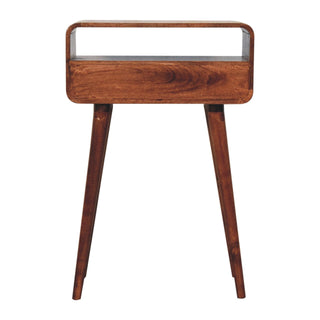 Rear angle view of Mini Curved Honey Caramel Console Table, showing the tabletop, frame and furniture finish