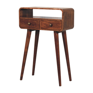 Front view of Mini Curved Honey Caramel Console Table, showing the tabletop, frame and furniture finish