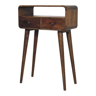 Side angle view of Mira Small Console Table with Drawer Greywash Curved Open Slot
