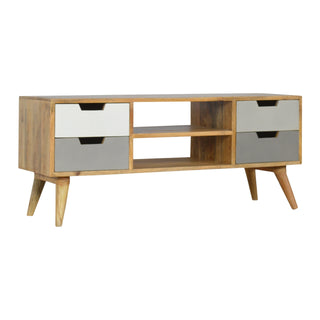 Side angle view of Mist TV Media Unit Oak Mango Wood Four Drawers Hand-Painted White to Grey Gradient with Nordic Legs