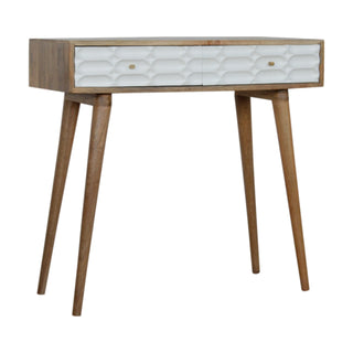 Side angle view of Modo Console Table with Drawers White Capsule Carved Mango Wood Oak