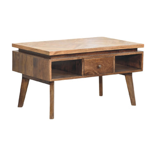 Side angle view of Mosaic Coffee Table Diamond Parquet Top Grey Painted Legs Brass Knob Drawer