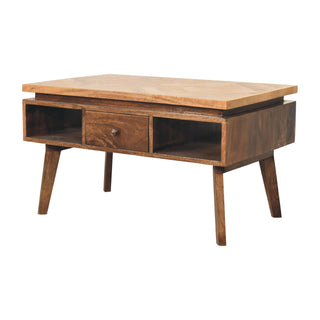 Side view of Mosaic Coffee Table Diamond Parquet Top Grey Painted Legs Brass Knob Drawer