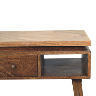 Close-up of drawer front on Mosaic Coffee Table Diamond Parquet Top Grey Painted Legs Brass Knob Drawer