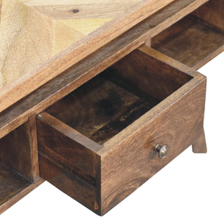 Finish detail view of Mosaic Coffee Table Diamond Parquet Top Grey Painted Legs Brass Knob Drawer