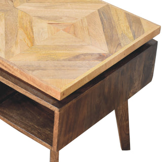 Storage view of Mosaic Coffee Table Diamond Parquet Top Grey Painted Legs Brass Knob Drawer