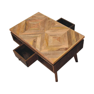 Back view of Mosaic Coffee Table Diamond Parquet Top Grey Painted Legs Brass Knob Drawer