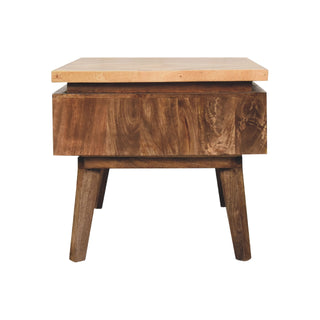 Rear angle view of Mosaic Coffee Table Diamond Parquet Top Grey Painted Legs Brass Knob Drawer
