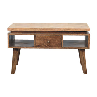 Front view of Mosaic Coffee Table Diamond Parquet Top Grey Painted Legs Brass Knob Drawer