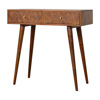 Side angle view of Mosaic Console Table with Drawers Mixed Wood Parquet Oak Mango Lacquer