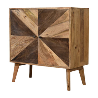 Side angle view of Mosaic Display Cabinet Two-Tone Pinwheel Marquetry Twin-Door Natural Mango