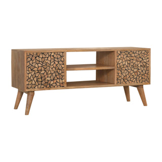 Side angle view of Mosaic Media Unit Natural Oak Mango Wood Crackle-Carved Drawer Fronts with Nordic Tapered Legs