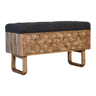 Angled view of Moxo Hallway Storage Bench Charcoal Tweed Tufted Seat Hand-Carved Mosaic Panel Sled Base