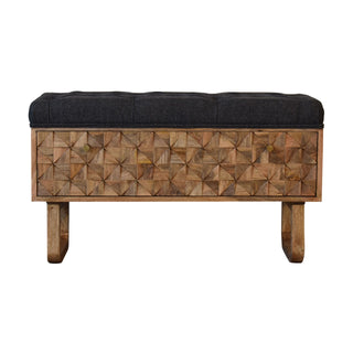 Front view of Moxo Hallway Storage Bench Charcoal Tweed Tufted Seat Hand-Carved Mosaic Panel Sled Base