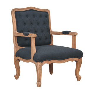 Angled view of Navarre Armchair Navy Linen Buttoned French Style Carved Cabriole