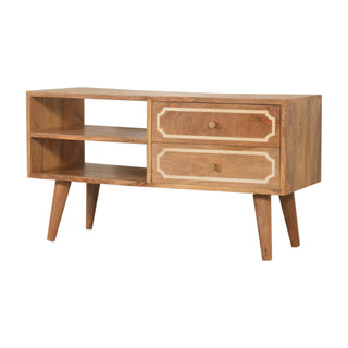 Side angle view of Nepal Bone Inlay Media Unit Natural Mango Wood with mango wood bone inlay geometric