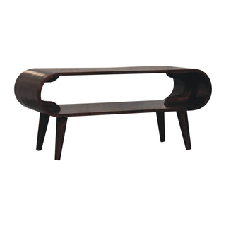 Side angle view of Nero Coffee Table Solid Mango Wood Open Oval Tunnel Frame California Walnut
