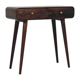 Side angle view of Neva Hallway Console Table with Drawers Light Walnut Curved Pill Frame