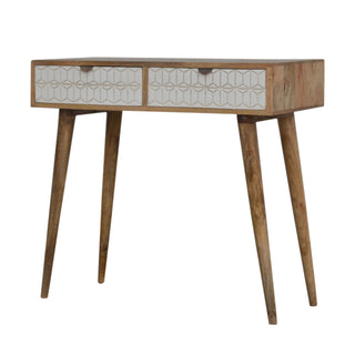 Side angle view of Neva Slim Console Table with Drawers White Carved Geometric Nordic Legs Mango Wood