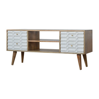 Side angle view of Neve Media Unit White Carved Drawer Fronts Open Shelf