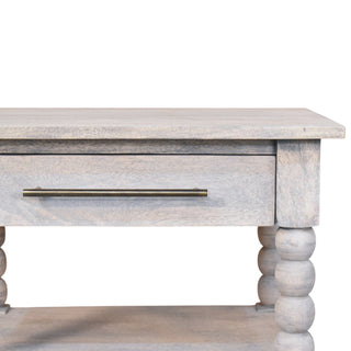 Side angle view of Neve Side Table with Drawer Bobbin Legs Acid Wash Mango Wood