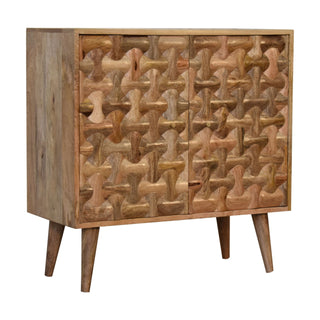 Side angle view of Nexus Display Cabinet Interlocking Hourglass 3D Relief Carved Natural Oak Twin-Door