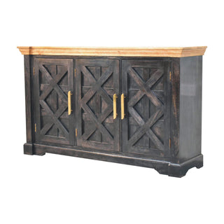 Side angle view of Nocturne Large Sideboard with Cross-Panel Doors in Ash Black and Natural Oak Top