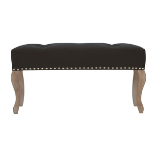 Front view of Noir Bedroom Bench Black Velvet Button Tufted Antique Brass Studs French Cabriole Legs