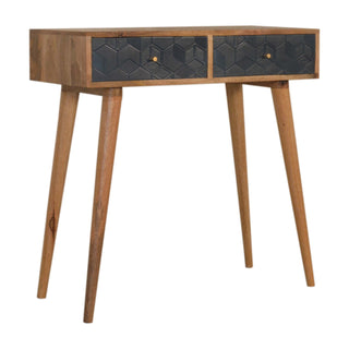 Side angle view of Noir Console Table with Drawers Black Cube Carved Oak Mango Wood