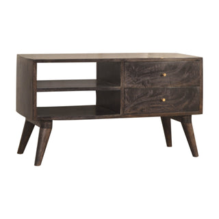 Side angle view of Noir Media Unit Ash Black Mango Wood Gold Cross-Line Inlay Drawers with Nordic Tapered Legs