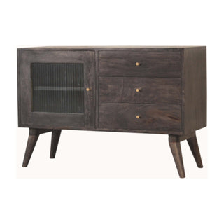 Side angle view of Noir Sideboard Cabinet Ash Black Fluted Glass Doors with Central Drawers