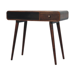Side angle view of Noir Writing Desk Mango Wood California Walnut Rounded Top with Brass Knob
