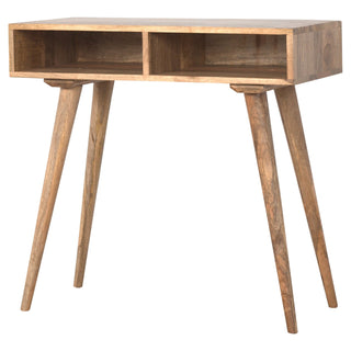 Side angle view of Norda Writing Desk Mango Wood Dual Open Shelves with Tapered Legs