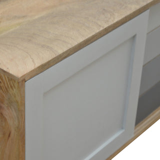 Side angle view of Nordia Small Sideboard with Sliding Door and Grey Gradient Drawers on Tapered Legs