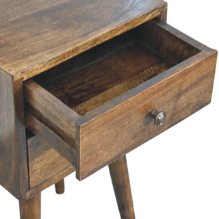 Nordic 2-drawer bedside in classic grey with drawer open showing solid wood interior