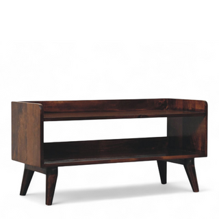 Angled view of Nordic Walnut Solid Wood Storage Bench, showing the seat, legs and furniture silhouette